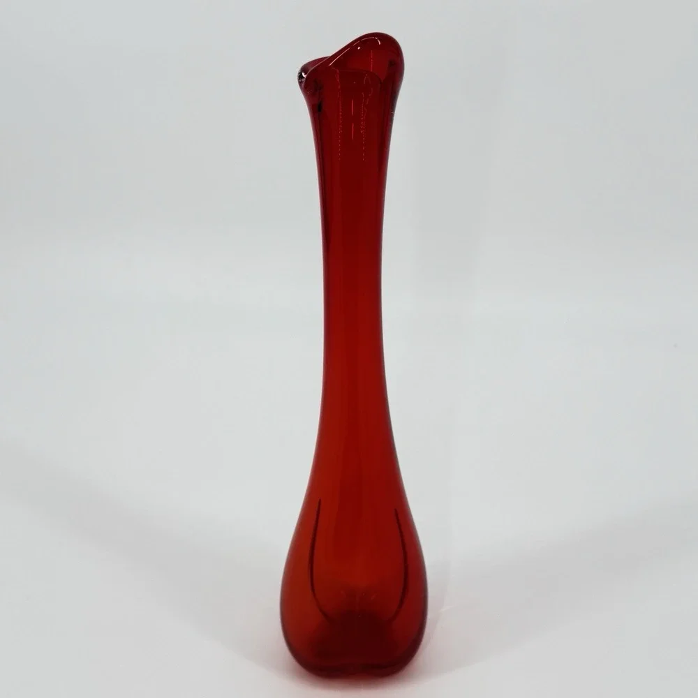 Vintage Red Orange Art Glass Vase Hand Blown Sculptural Flared Rim 12